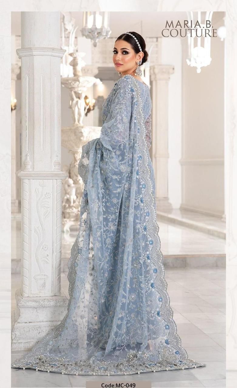 Maria B Exclusive Net Saree D-002 (Water Blue)