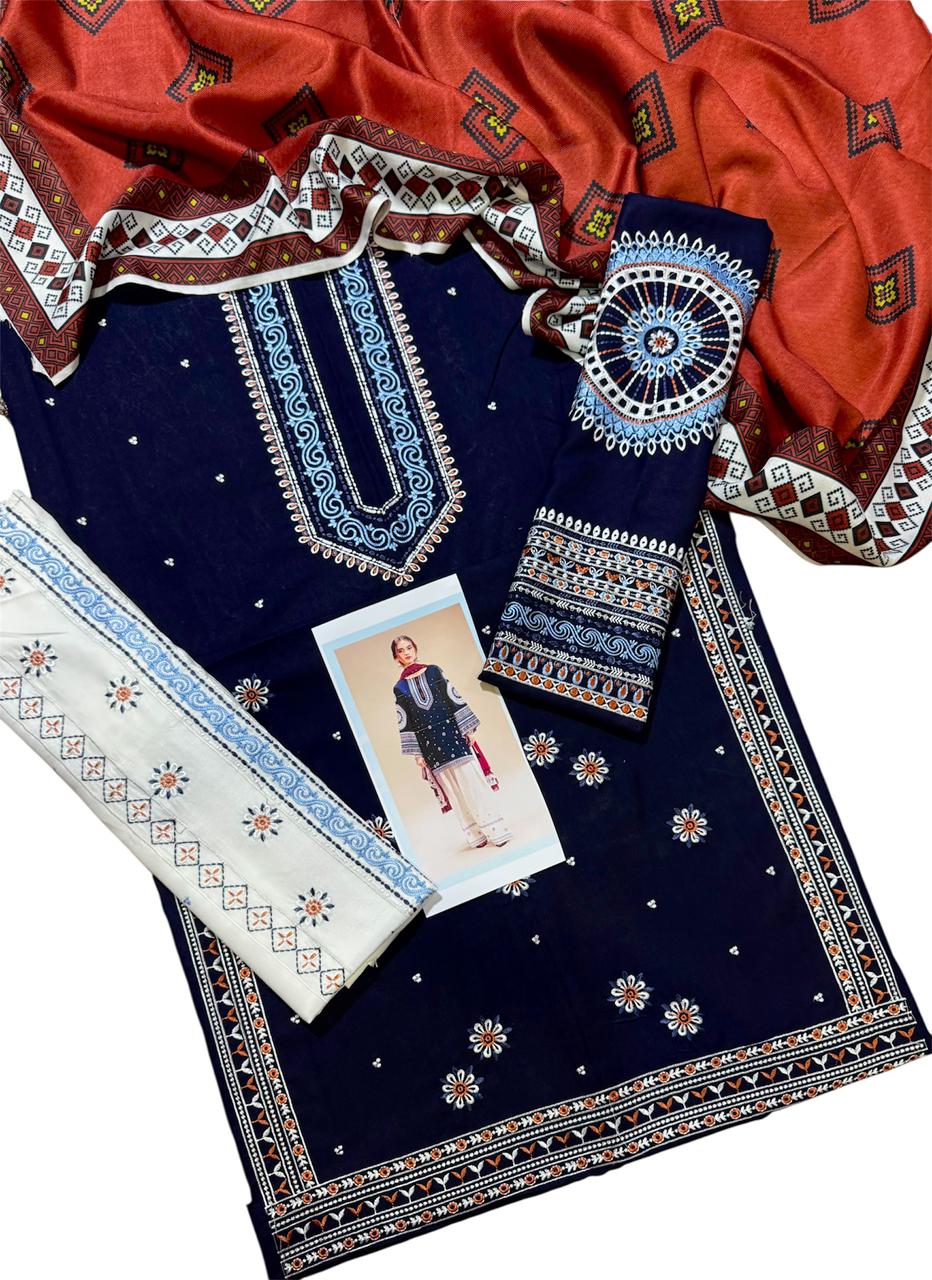 JAZMIN Embroidered Dhanak Unstitched 3Piece D-001