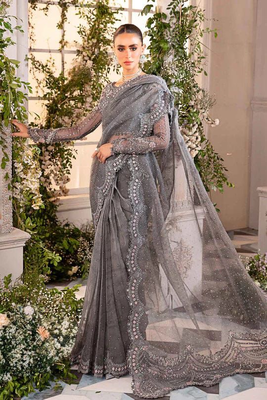 Maria B Exclusive Net Saree D-001 (Grey)