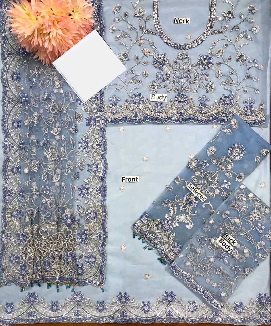 Maria B Exclusive Net Saree D-002 (Water Blue)