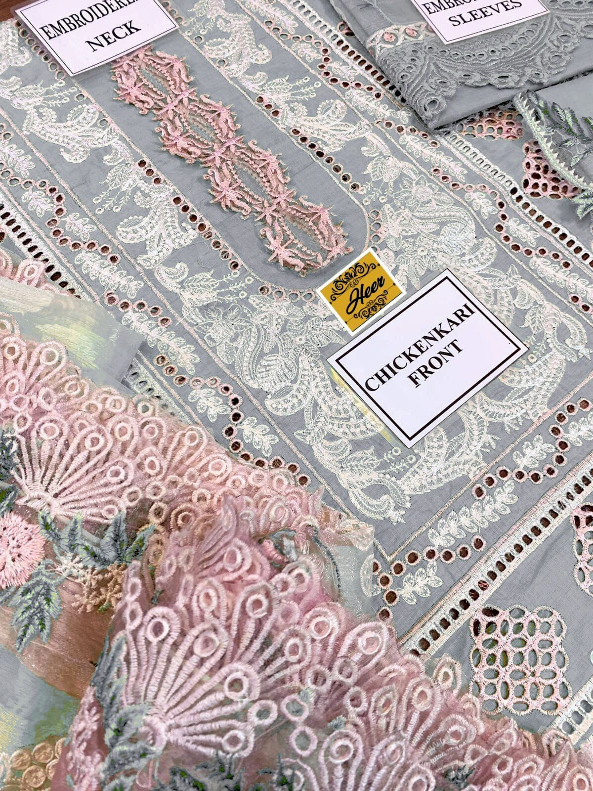 Chikankari Embroidered Ensemble With Jacquard Dupatta