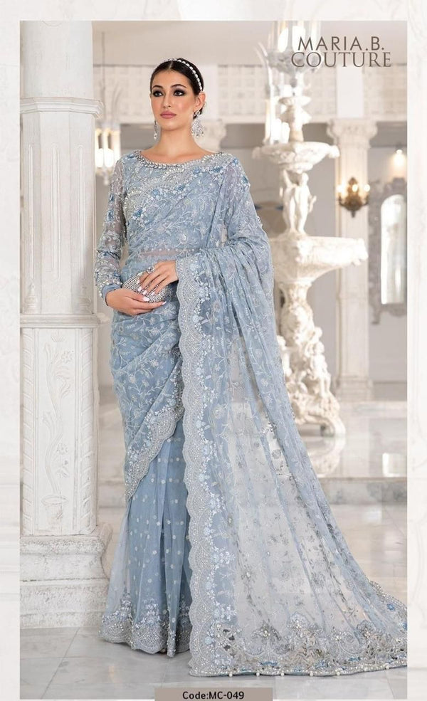 Maria B Exclusive Net Saree D-002 (Water Blue)