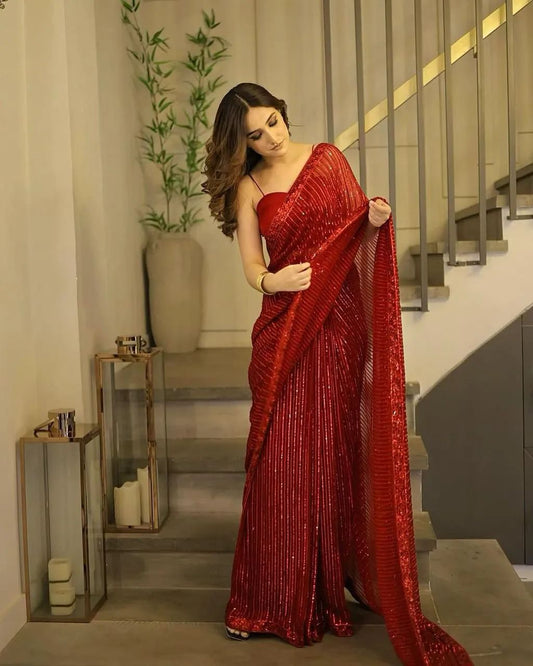 Maria B Exclusive Chiffon Saree D-002 (Red)