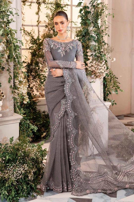 Maria B Exclusive Net Saree D-001 (Grey)